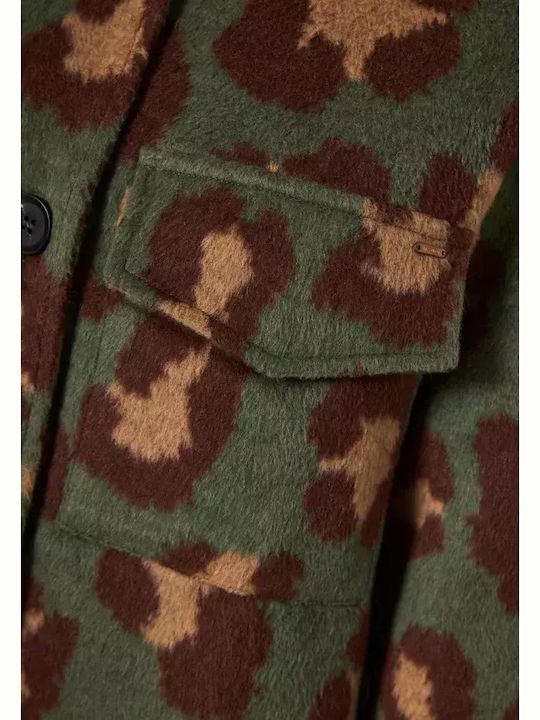 Women's Leopard Khaki Overshirt with Fur Details