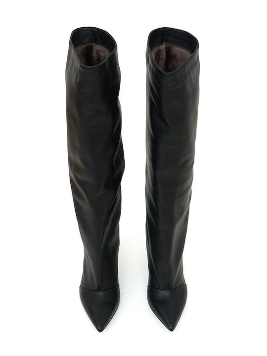 Leder Damenstiefel mit hohem Absatz Schwarz