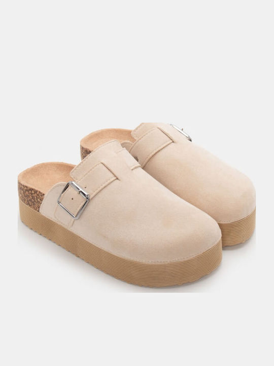 Leather Winter Women's Slippers Beige
