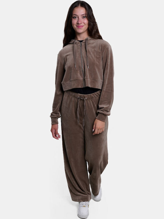 Cropped Women's Sweatshirt Jacket Velvet Hooded Walnut