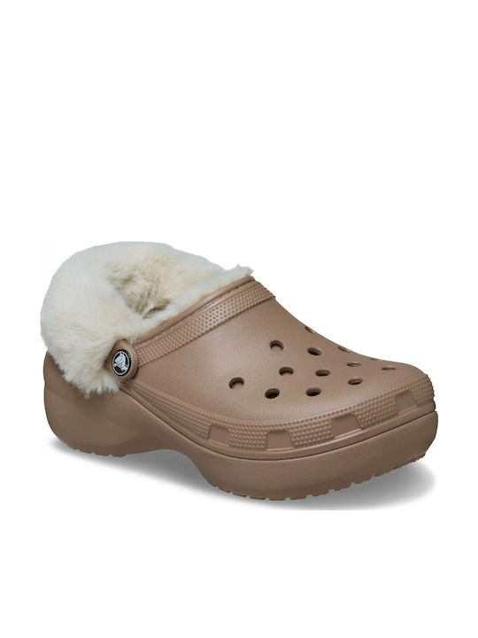 Crocs Classic Platform Saboti Anatomici Pentru Bărbați cu Blană Maro