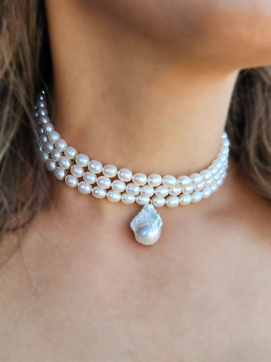 Κολιέ Choker Κ14 Χρυσό Κούμπωμα 3 Σειρές Μαργαριτάρια Μενταγιόν Μαργαριτάρι Baroque F126488