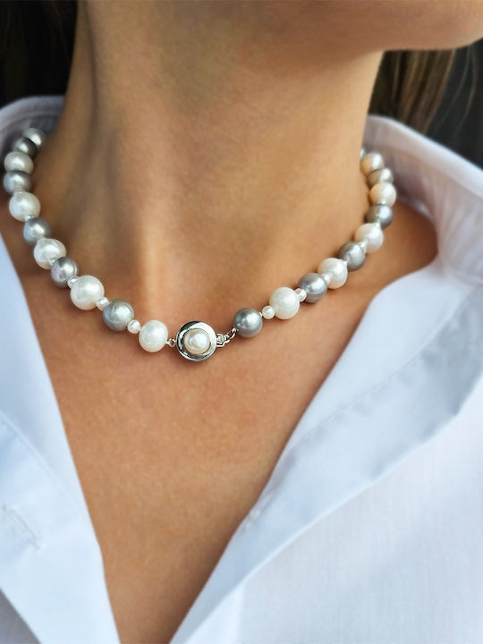 White Grey Pearl Necklace Steel Clasp F126569