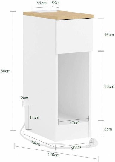 Wooden Bedside Table White 20x35x60cm