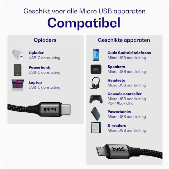 Buddi Flex Tip-C în MicroUSB Negru 2m