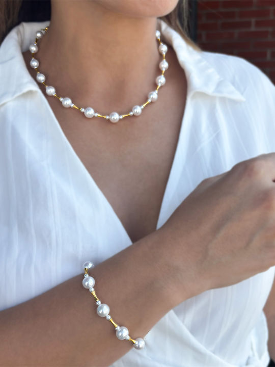 Margaritari Set with Necklace & Bracelet from Gold 18K with Pearls
