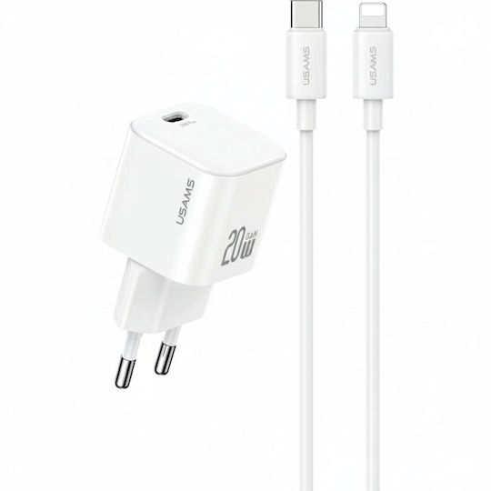 Usams Φορτιστής GaN με Θύρα USB-C και Καλώδιο USB-C - Lightning 20W Power Delivery Λευκός (CC260)
