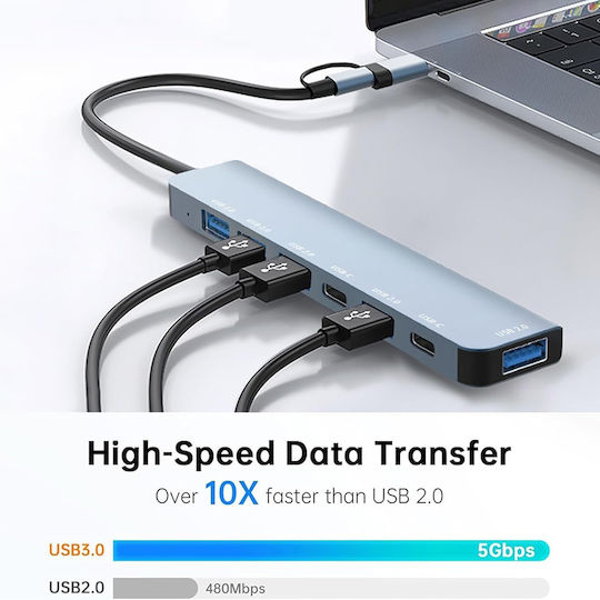Techsuit Databridge 7 In 1 (H6) Hub 7 Θυρών USB 3.2 με σύνδεση USB-A / USB-C Γκρι