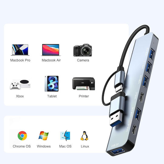 Techsuit Databridge 7 In 1 (H6) Hub 7 Θυρών USB 3.2 με σύνδεση USB-A / USB-C Γκρι