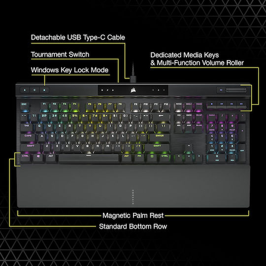 Corsair K70 RGB Pro Гейминг Механична Клавиатура с Cherry MX Speed суичове и RGB подсветка (Английски US) Черен