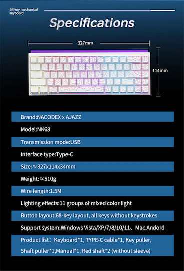 Ajazz NK68 Gaming Μηχανικό Πληκτρολόγιο 65% με Custom Red διακόπτες και RGB φωτισμό (Αγγλικό US) White Contours