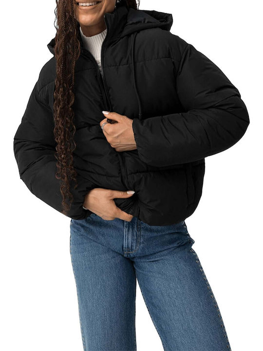 Women's Short Lifestyle Jacket for Spring or Autumn with Detachable Hood Black