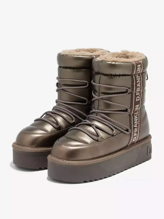 Synthetic Leather Medium Heel Snow Boots with Laces & Fur Nordic Brown