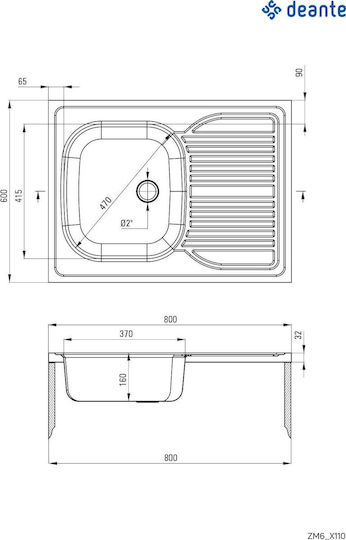 Deante ZM6 3110 Ένθετος Inox Μ60xΠ80cm Γκρι