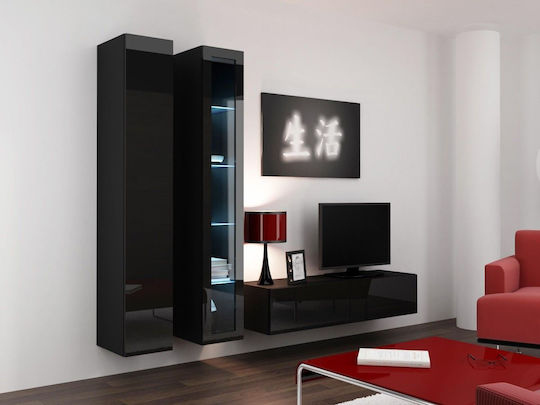 Vigo 180 Living Room Display Cabinet Made of Particle Board with Windowed Black Black Gloss 40x30x180cm