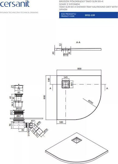 Cersanit Ημικυκλική Ακρυλική Ντουζιέρα 80x80cm Γκρι
