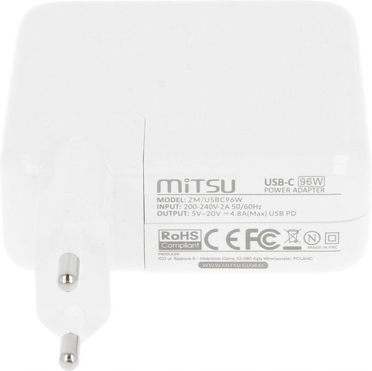 Mitsu 96w Usb-c Power Adapter Usbc 5-10v 3-4.8a White Notebook