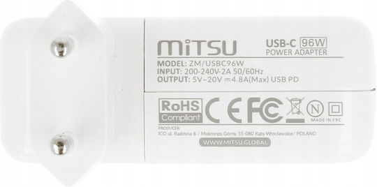Mitsu 96w Usb-c Power Adapter Usbc 5-10v 3-4.8a White Notebook