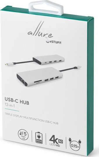 eSTUFF USB-C Docking Station με HDMI 4K PD Ethernet και σύνδεση 2 Οθονών Λευκό (ES623009)