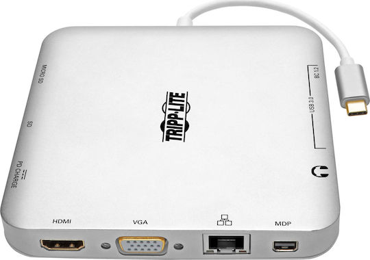 Tripp Lite USB-C Docking Station with HDMI DisplayPort 4K PowerDelivery Ethernet and 2 Monitors Connection Silver