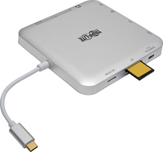 Tripp Lite USB-C Docking Station with HDMI DisplayPort 4K PowerDelivery Ethernet and 2 Monitors Connection Silver