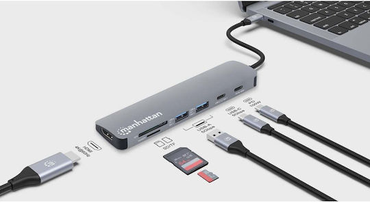 Manhattan USB-C Docking Station με HDMI 4K PD Ethernet Γκρι (190442)