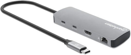 Manhattan USB-C Docking Station με HDMI 4K PD Ethernet Γκρι (190459)