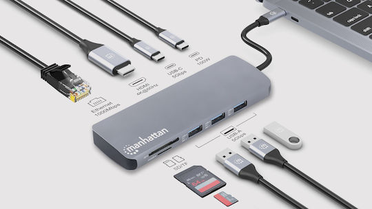 Manhattan USB-C Docking Station με HDMI 4K PD Ethernet Γκρι (190459)