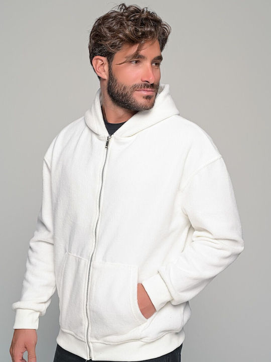 Men's Fleece Cardigan with Hood Ecru