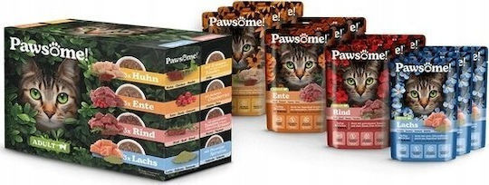 Pawsome Υγρή Τροφή για Γάτες σε Φακελάκι με Κοτόπουλο, Κρέας, Πάπια, Γαλοπούλα και Σολομό 12x85gr
