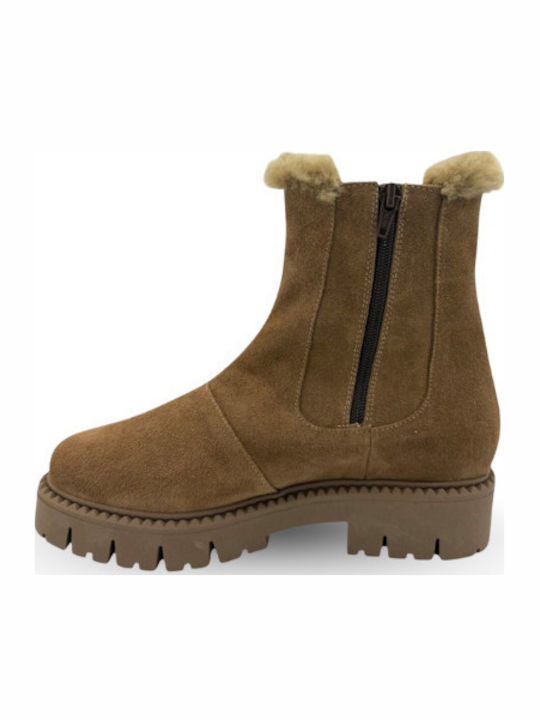 Leather Women's Ankle Boots with Fur Brown