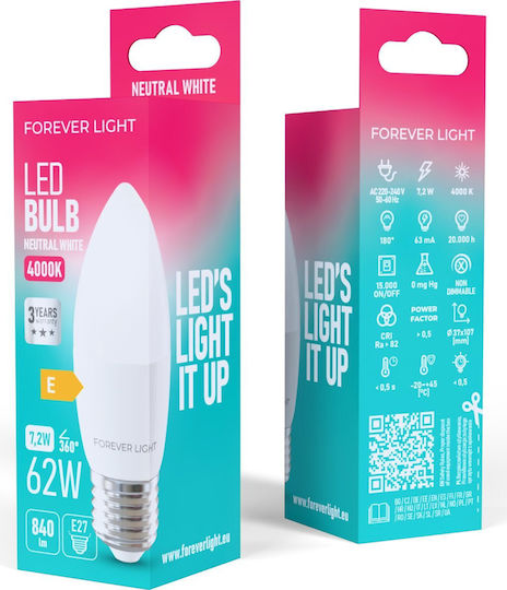 Forever Light Bulb LED Bulb 7.2W for Socket E27 and Shape C37 Natural White 840lm
