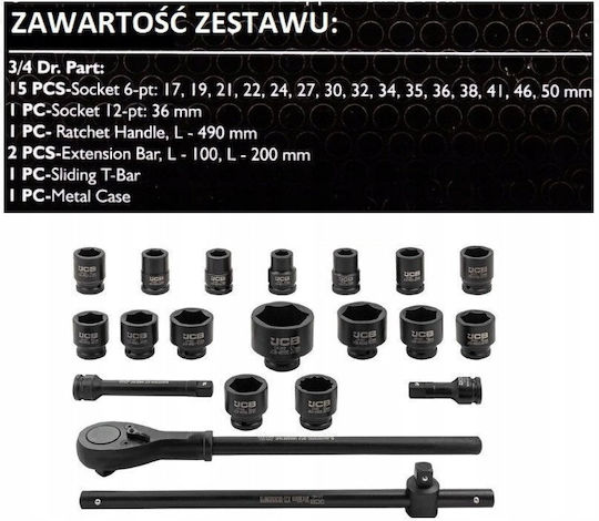 Satra Căpăcei Pneumatic - Pneumatic cu Patrat de Prindere 3/4" Set 21buc
