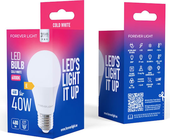 Forever Light Bulb Λάμπα LED 4W για Ντουί E27 και Σχήμα A55 Ψυχρό Λευκό 480lm