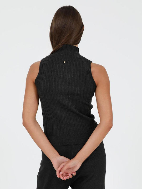 Damen Ärmellos Pullover Rollkragen Black