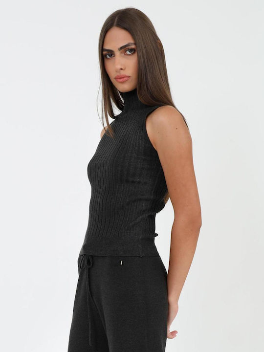 Damen Ärmellos Pullover Rollkragen Black