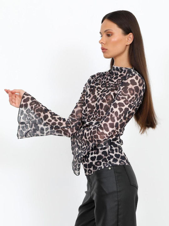 Bluză Damă cu Inserții Transparente Animal Print Multicoloră
