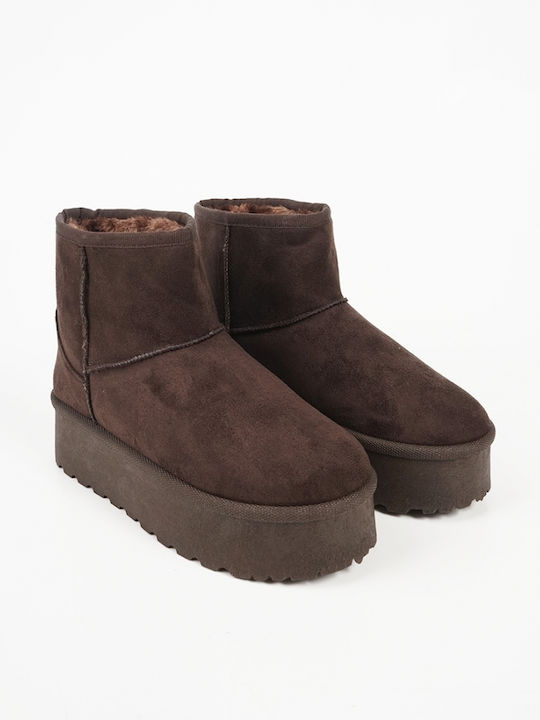 Suede Women's Ankle Boots with Fur Brown