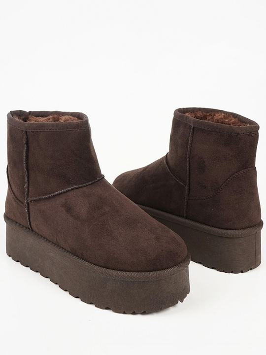 Suede Women's Ankle Boots with Fur Brown