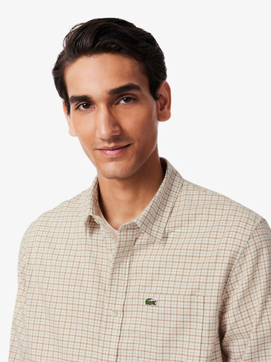 Long-sleeved Flannel Shirt Checked Beige