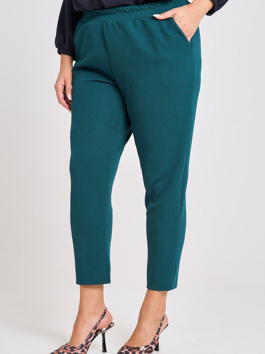 Women's Fabric Trousers with Elastic Carrot Fit Checked Petrol Blue