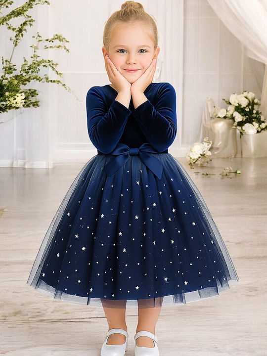 Mädchenkleid Langärmelig Samt Set aus 2 mit Zubehör Blau
