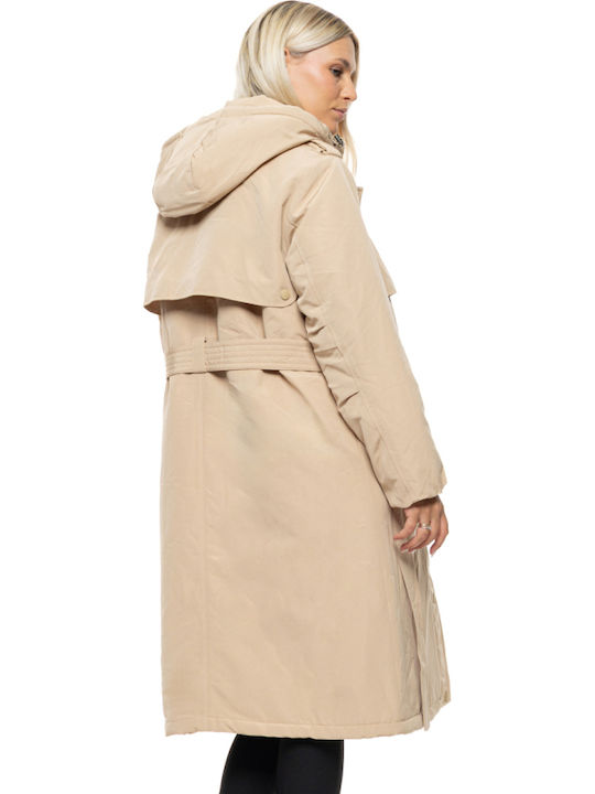 Women's Long Lifestyle Jacket for Spring or Autumn with Detachable Hood Lt Beige