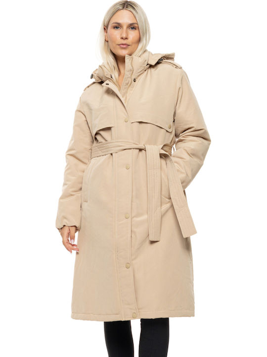 Women's Long Lifestyle Jacket for Spring or Autumn with Detachable Hood Lt Beige