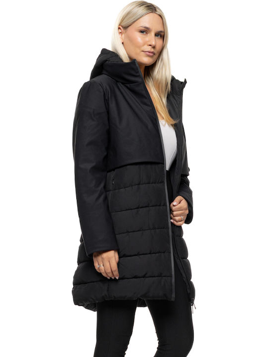Women's Long Lifestyle Jacket for Spring or Autumn with Detachable Hood Black