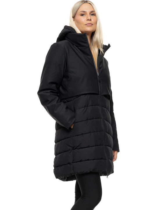 Women's Long Lifestyle Jacket for Spring or Autumn with Detachable Hood Black