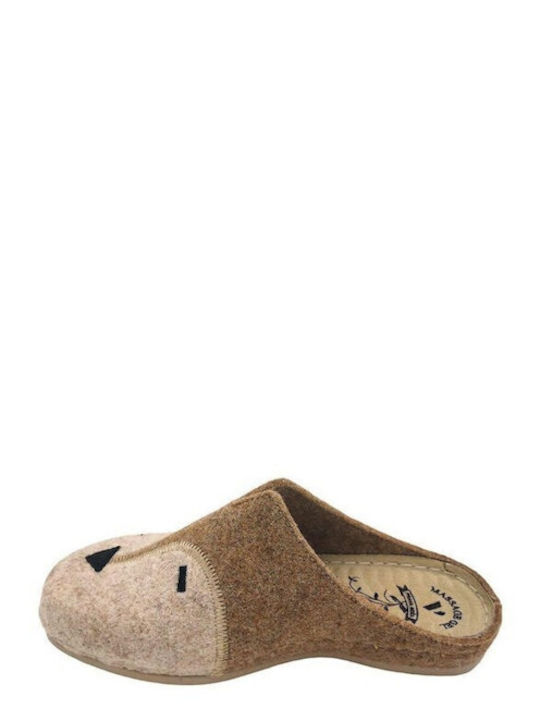 Leather Winter Women's Slippers Beige