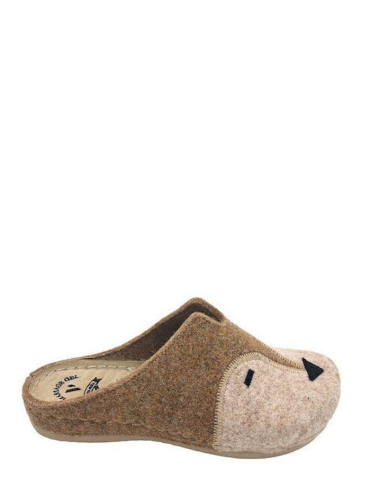 Leather Winter Women's Slippers Beige