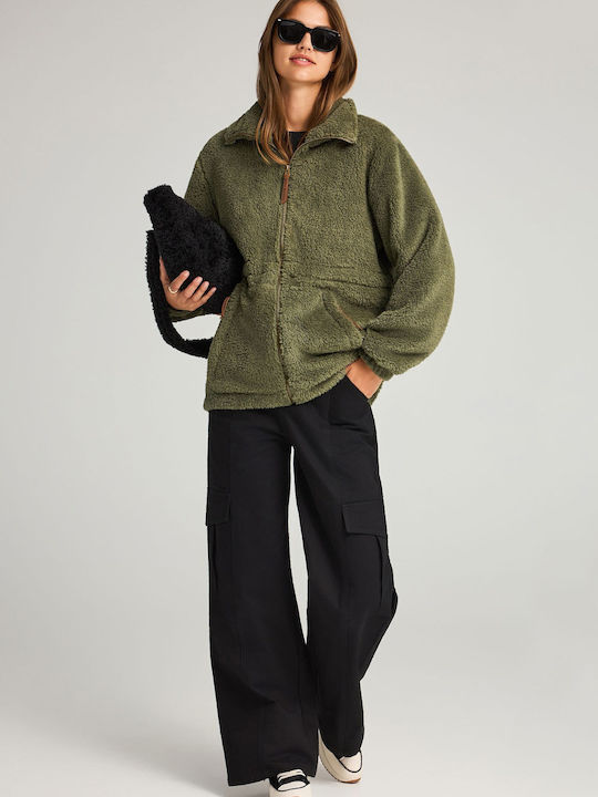 Fleece Damen Jacke in Khaki Farbe
