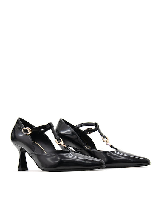 Patent Leather Pointed Toe Black High Heels with Strap
